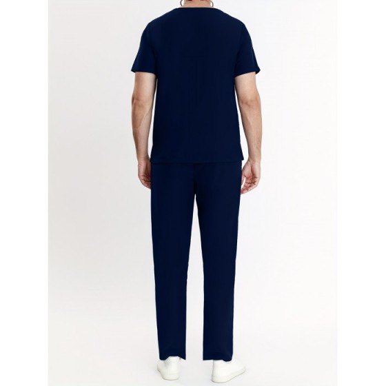 Men's 2-piece Workwear Set, Short Sleeve V Neck Shirt With Pocket Design & Pants Set, Men's Uniform